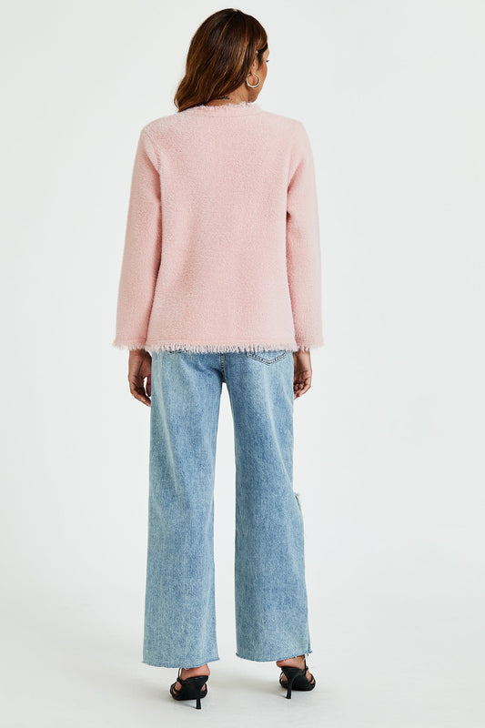 Cotton Blend Frayed Edge Boucle Jacket in Pink