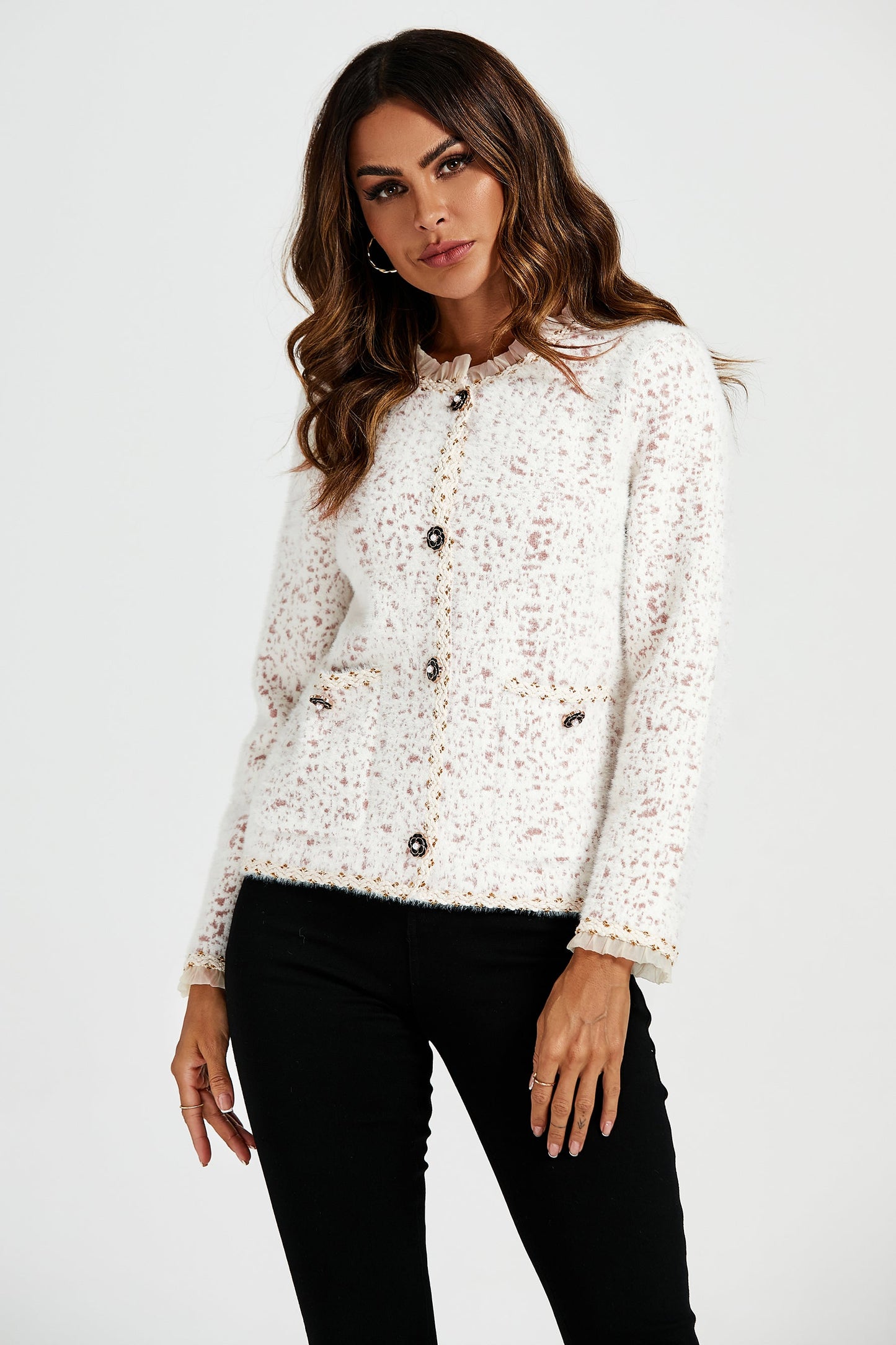 Leopard Pattern Lace Trim Boucle Jacket in Cream