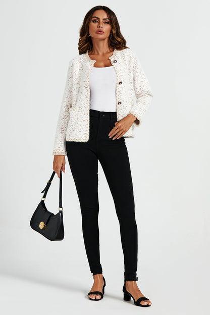 Leopard Pattern Lace Trim Boucle Jacket in Cream