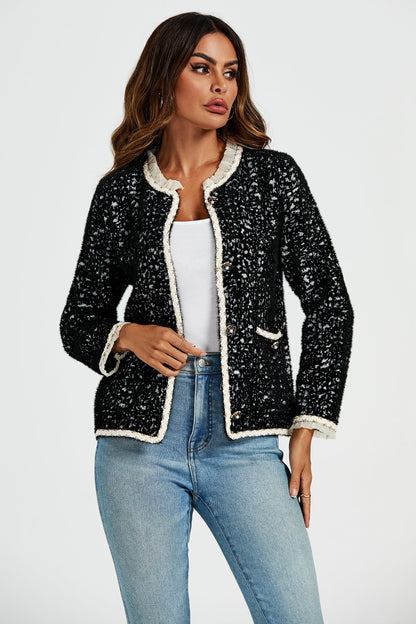 Leopard Pattern Lace Trim Boucle Jacket in Black