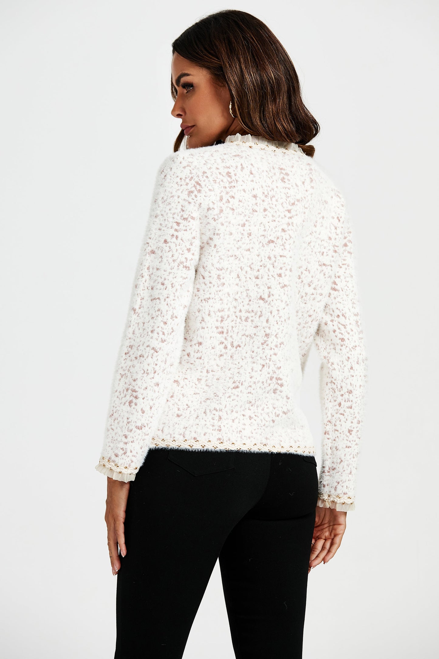 Leopard Pattern Lace Trim Boucle Jacket in Cream