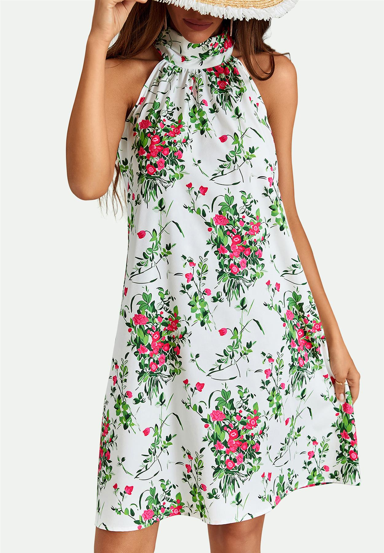 Pink Floral Print Halter Neck Tie Back Mini Dress In White