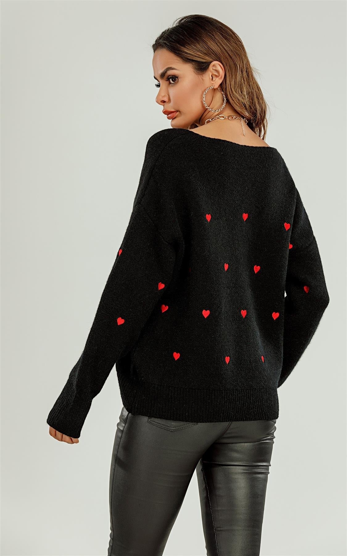 Embroidery Red Heart V Neck Jumper In Black