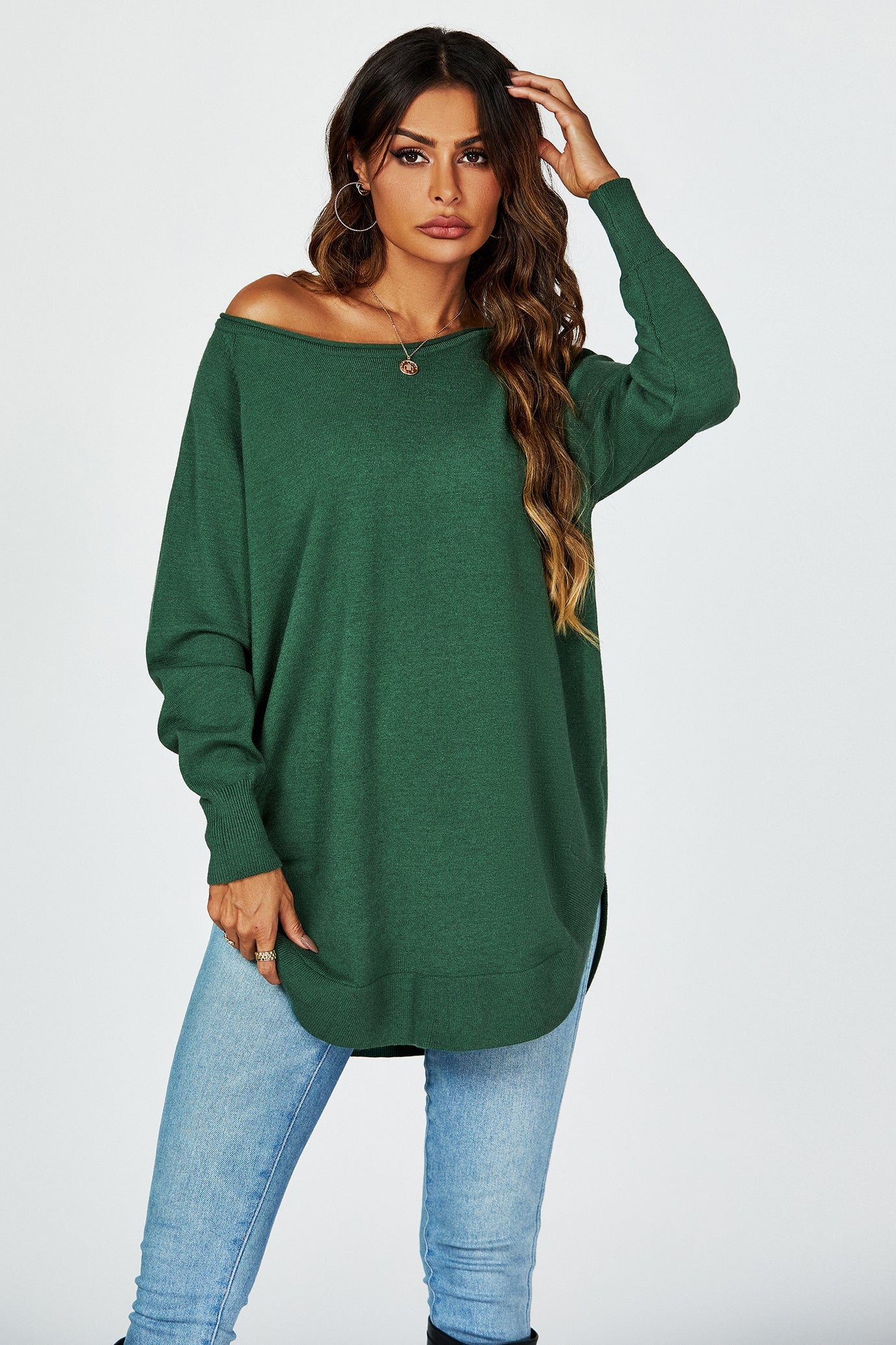 Oversize Knitted Jumper Top In Darkgreen