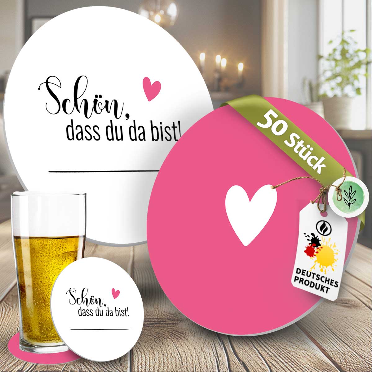 50 Bierdeckel Schön dass du da bist Herzmotiv pink, Hochzeit Feier Deko