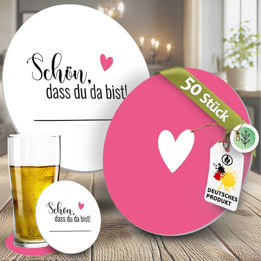 50 Bierdeckel Schön dass du da bist Herzmotiv pink, Hochzeit Feier Deko