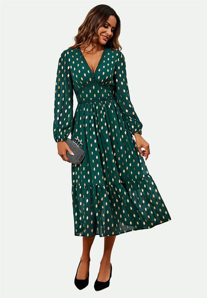 Lace Trim Foil Long Sleeve Maxi Dress In Green