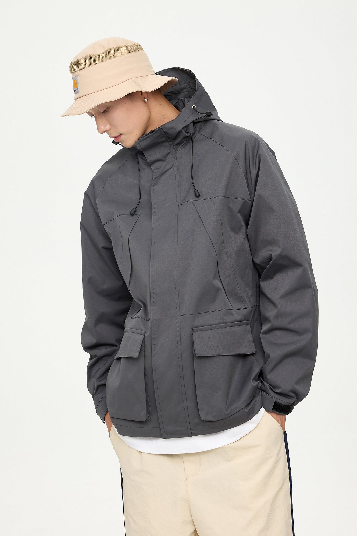 Patched Pockets Waterproof Jacket in Grey