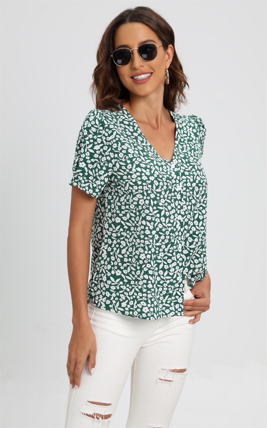 Short Sleeve Buttoned Blouse Top In Green & White Flora  Print