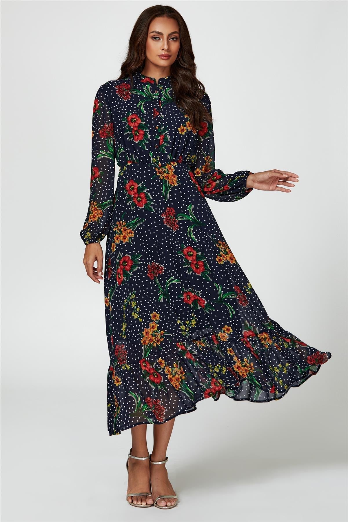 Floral Dot Print Maxi Dress In Navy