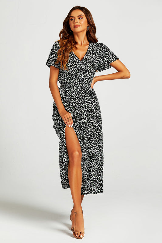 Printed Hem Tiered Wrap Neckline Midi Dress with Split Leg in Black
