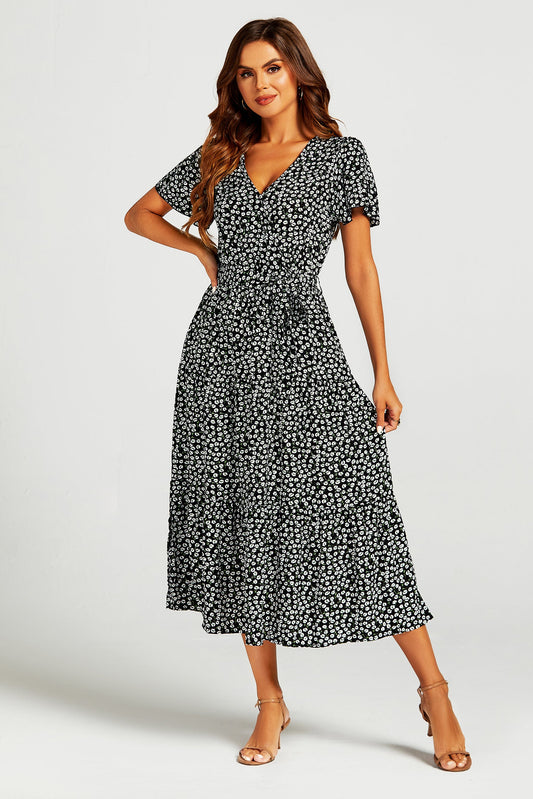 Printed Hem Tiered Wrap Neckline Midi Dress with Split Leg in Black