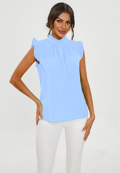 Frill Trim Sleeve High Neck Blouse Top In Light Blue