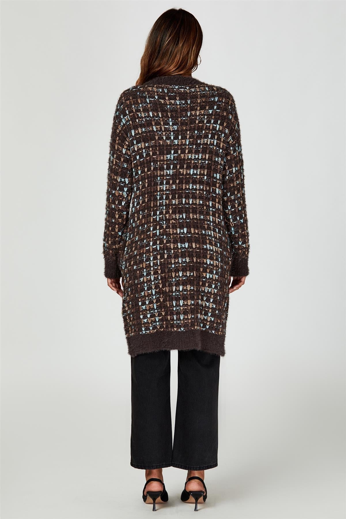 Boucle Check Cardigan In Brown With Multicolour Speckles