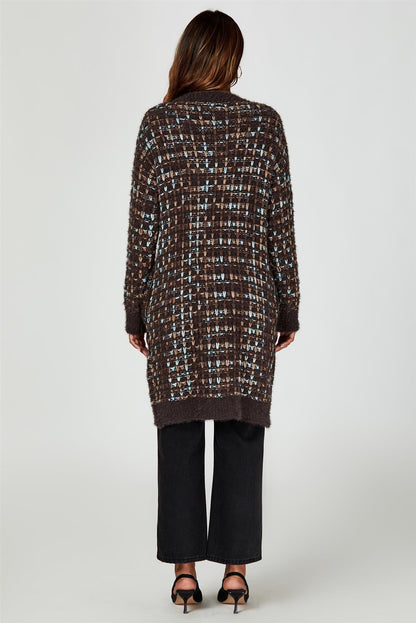 Boucle Check Cardigan In Brown With Multicolour Speckles