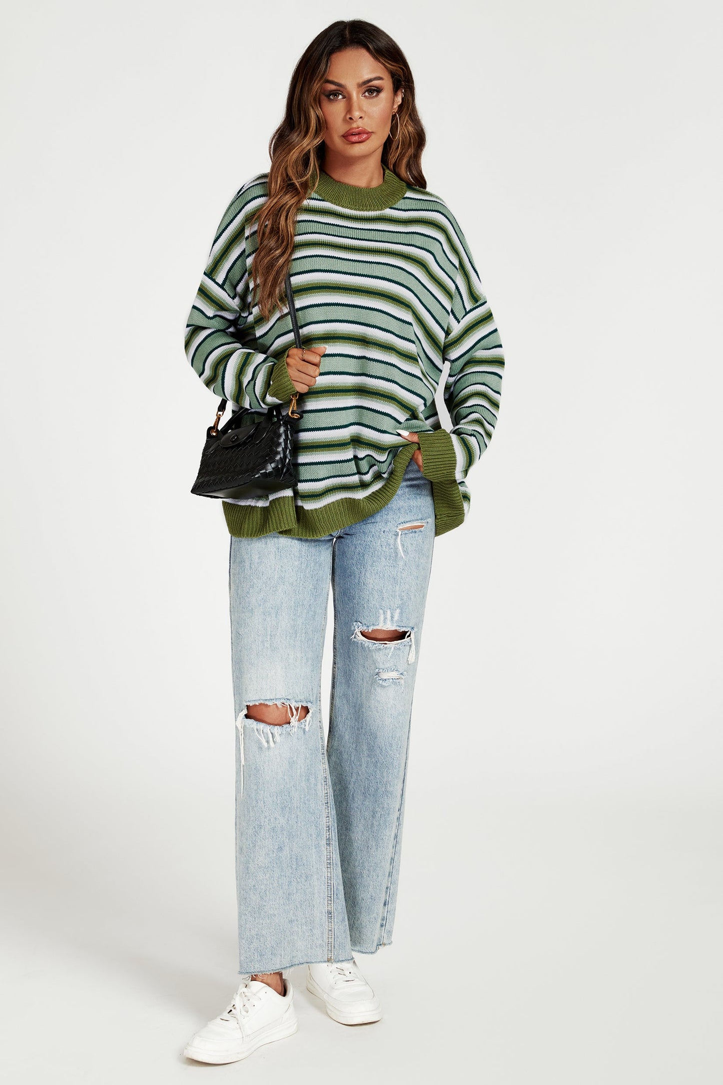 Stripe Block Relaxed Knit Jumper Top in Green