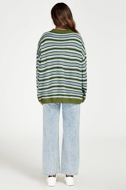 Stripe Block Relaxed Knit Jumper Top in Green