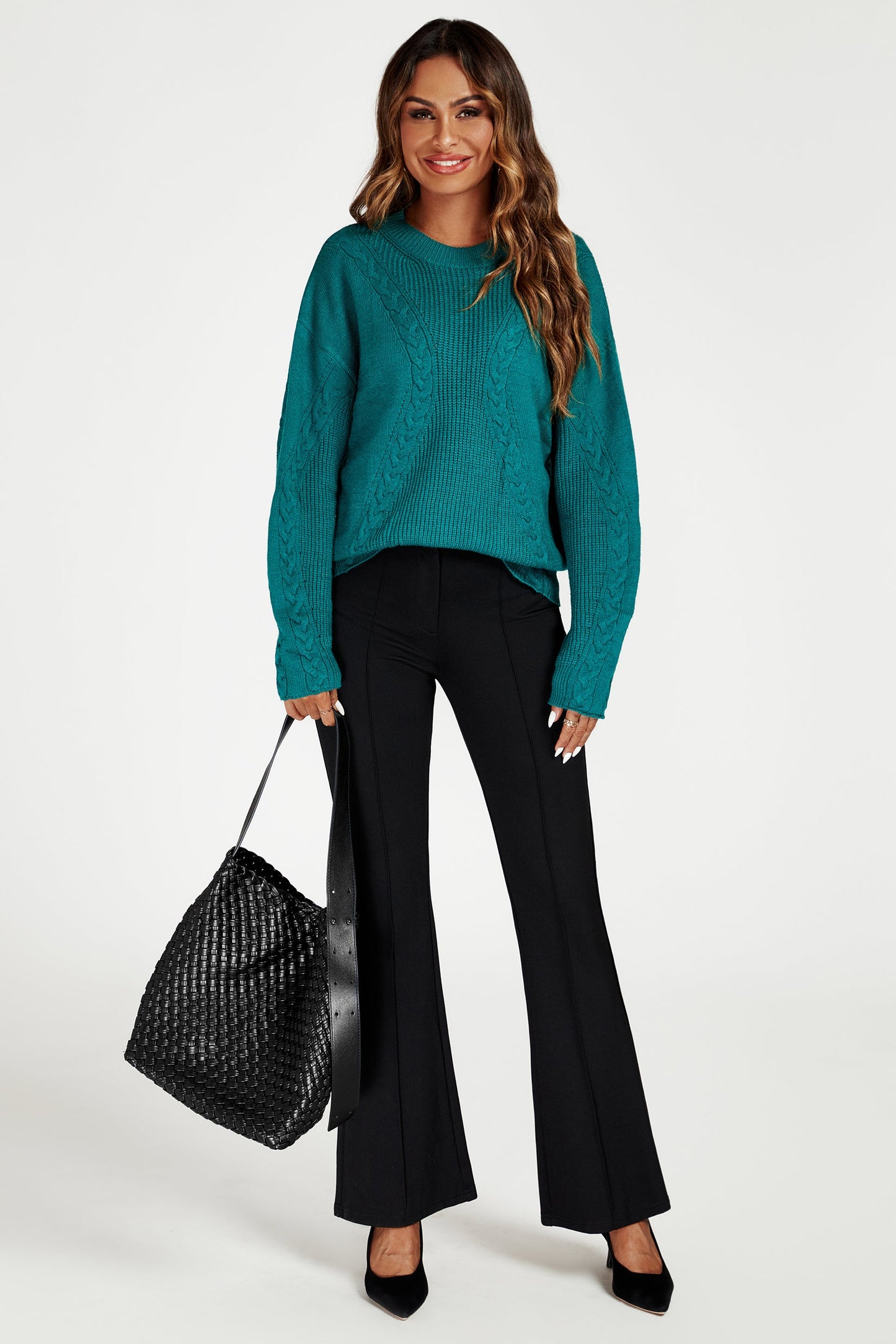 Cable Knit Crew Neck Jumper in Green