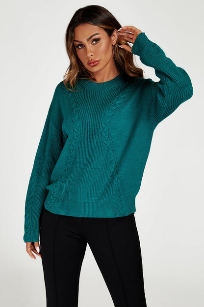 Cable Knit Crew Neck Jumper in Green