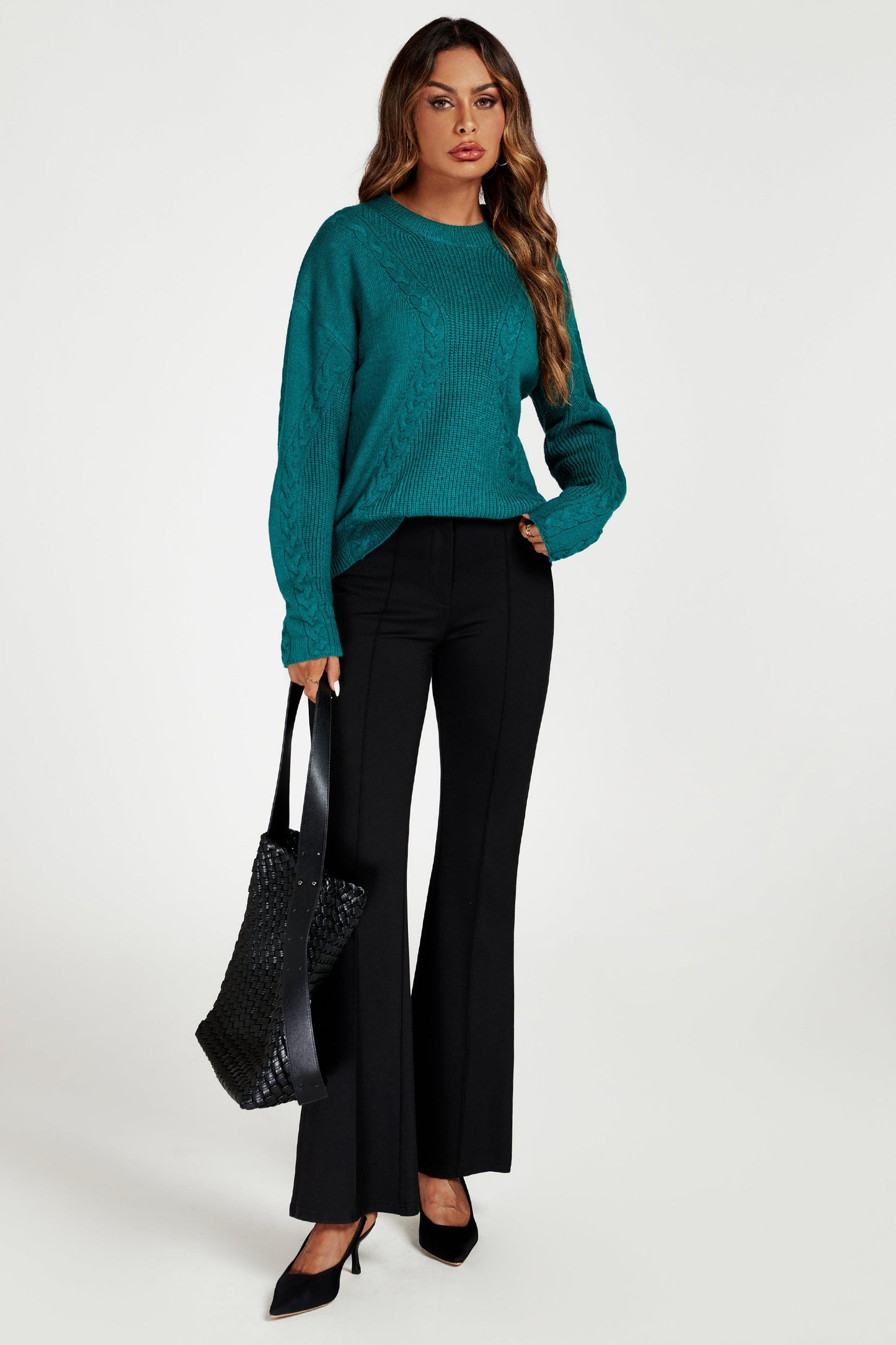 Cable Knit Crew Neck Jumper in Green
