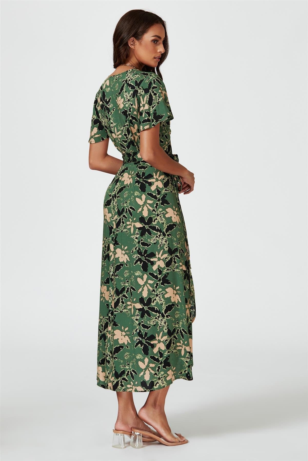 Abstract Floral Wrap Maxi Dress In Olive