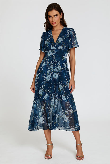 Floral Print Midi V neckline Dress In Navy