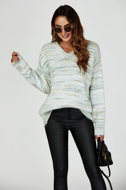 V-Neck-Pullover Multi-Strick in Grün & Creme