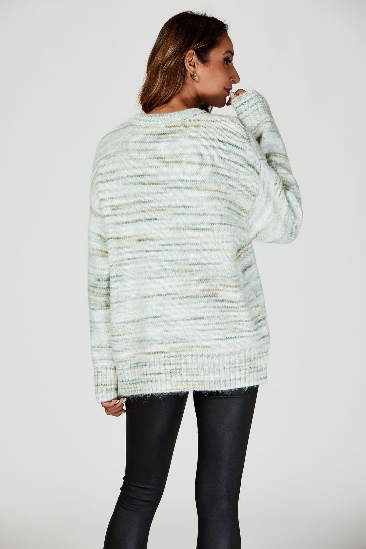 V-Neck-Pullover Multi-Strick in Grün & Creme