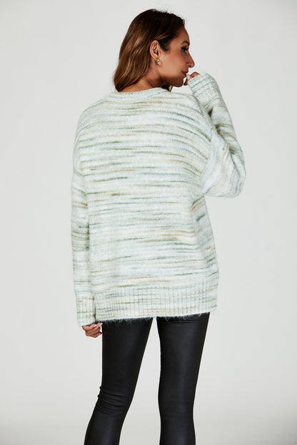 V-Neck-Pullover Multi-Strick in Grün & Creme