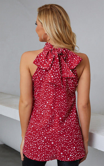 White Star Print Halter Neck Tie Back Top In Red