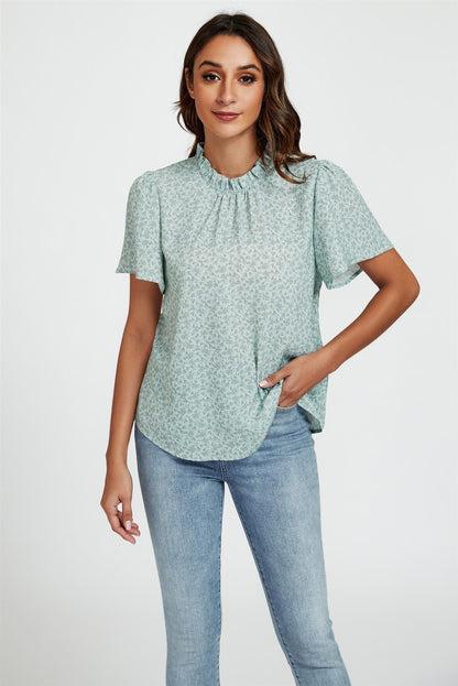 Stehkragen-Bluse mit grauem Blumendruck & Engelärmeln in Blau