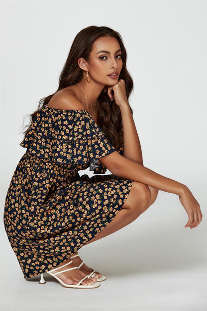 Floral Print Bardot Frill Mini Dress In Navy