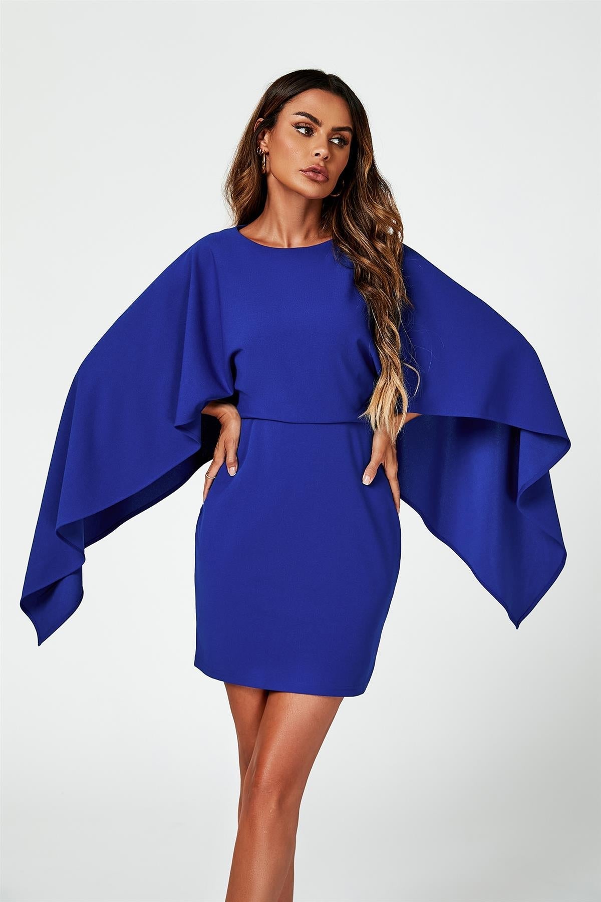 Back Detail Mini Dress With Cape In Blue