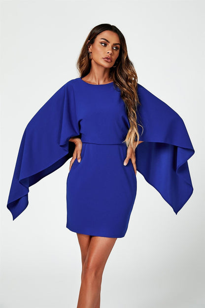 Back Detail Mini Dress With Cape In Blue