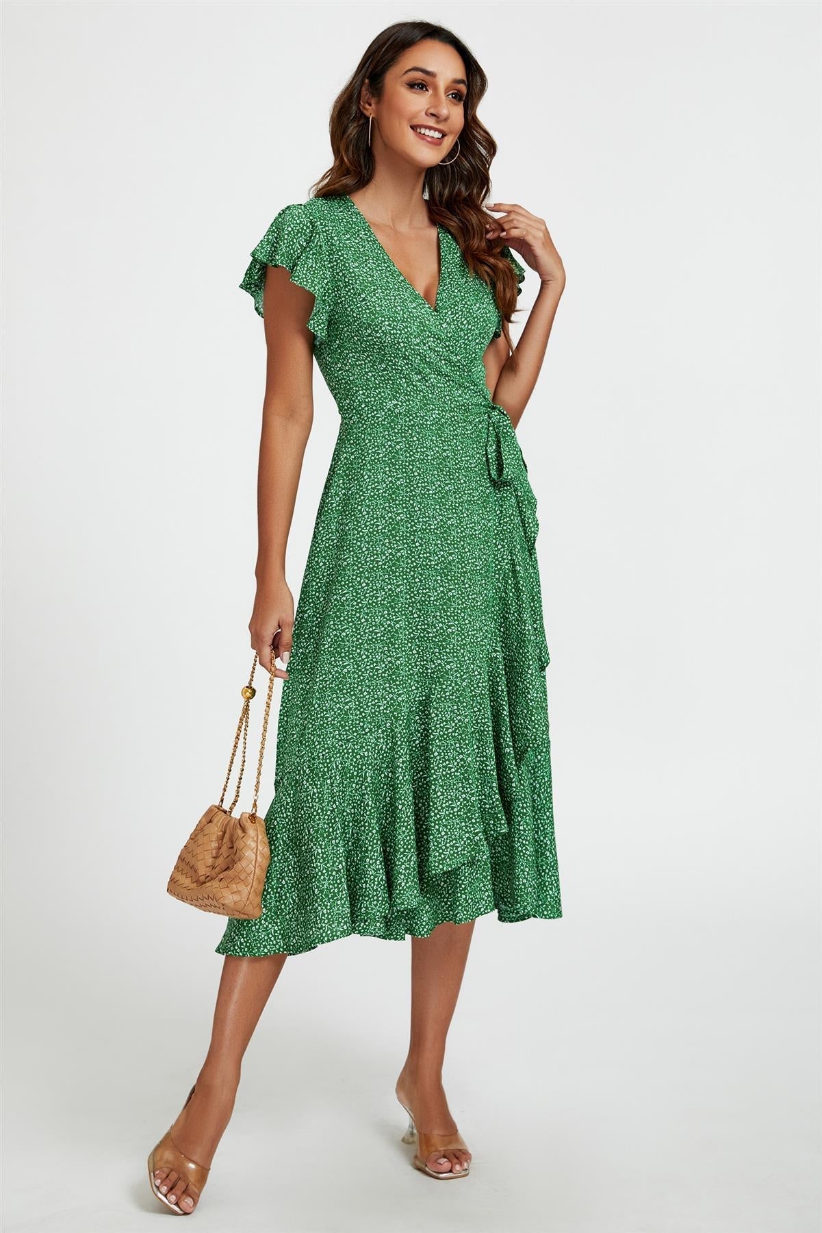 Little Floral Frill Sleeve Midi Wrap Dress In Green
