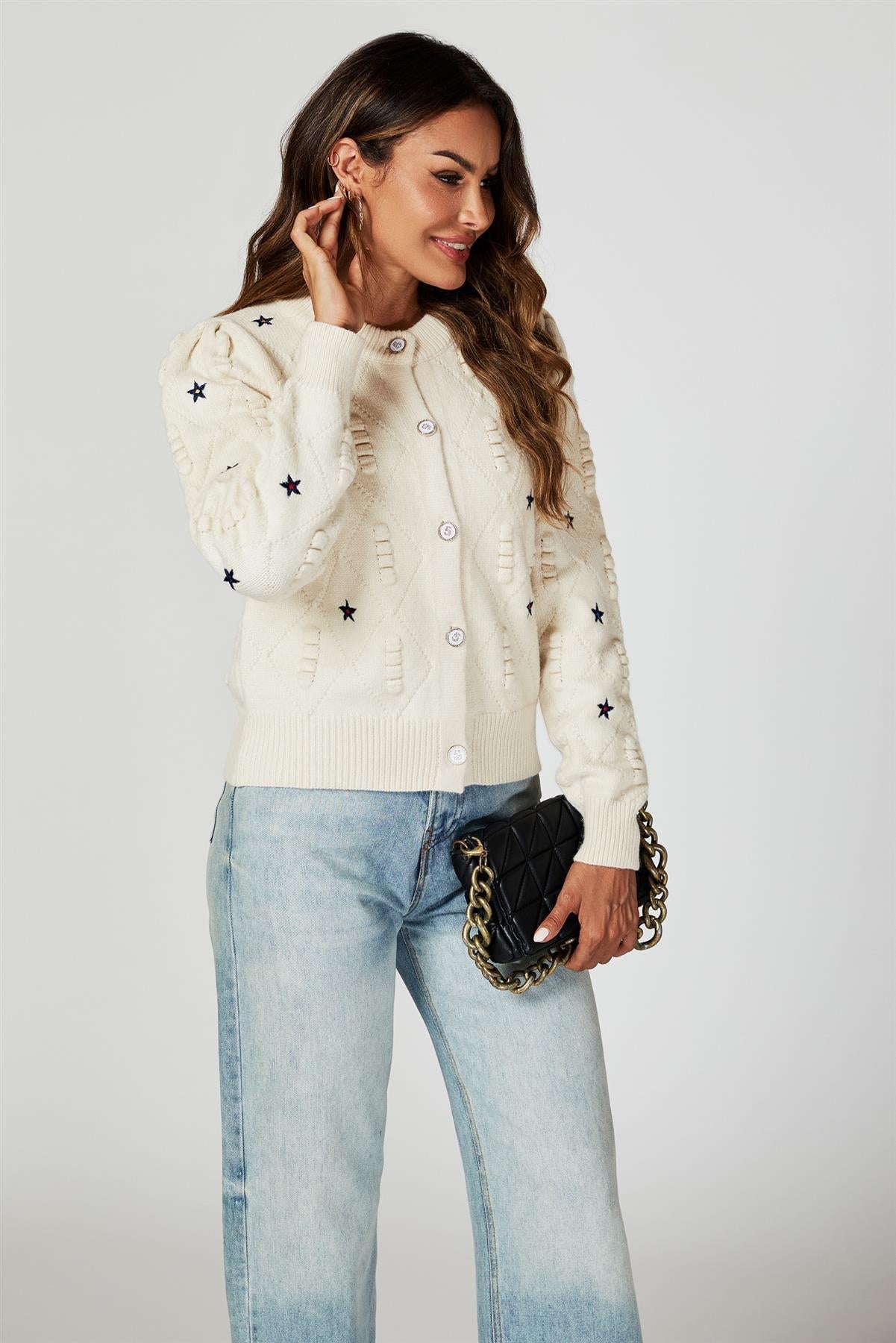 Star Embroidered Knitted Cardigan In Bone White