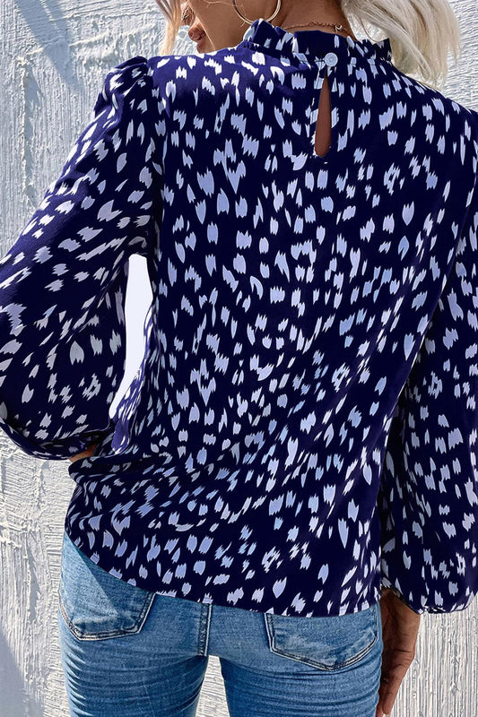 Animal Print Frill Detail High Neck Top In Navy