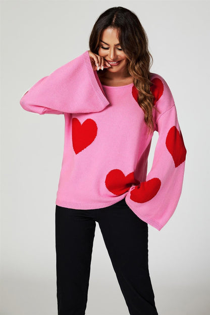 Wide Sleeve Oversize Red Jumper With Pink Heart