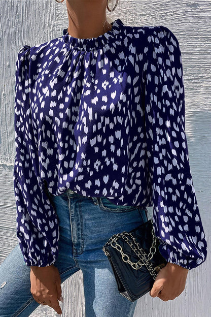 Animal Print Frill Detail High Neck Top In Navy