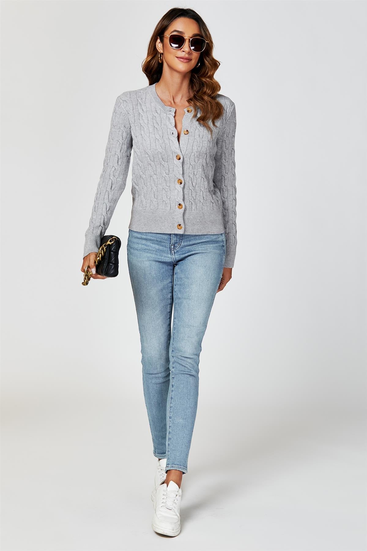 Cable-Knit Crewneck Cardigan In Grey