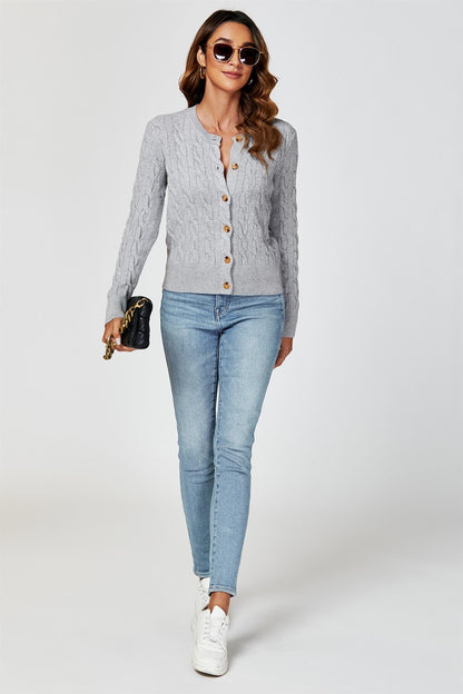 Cable-Knit Crewneck Cardigan In Grey