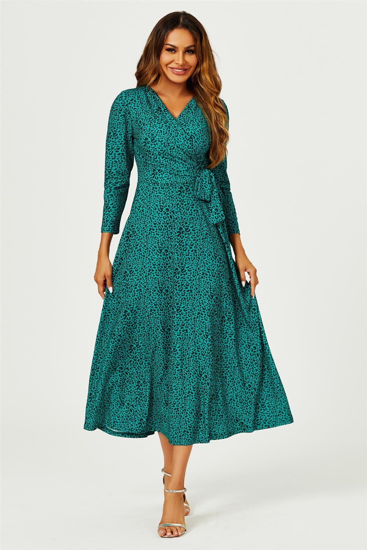 Green Leopard Print Wrap Top Midaxi Dress