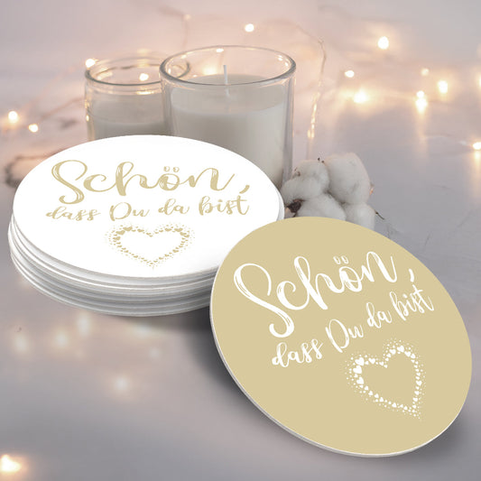 50 Bierdeckel rund Schön, dass du da bist Herzmotiv, Herzfunke Dancing Hearts