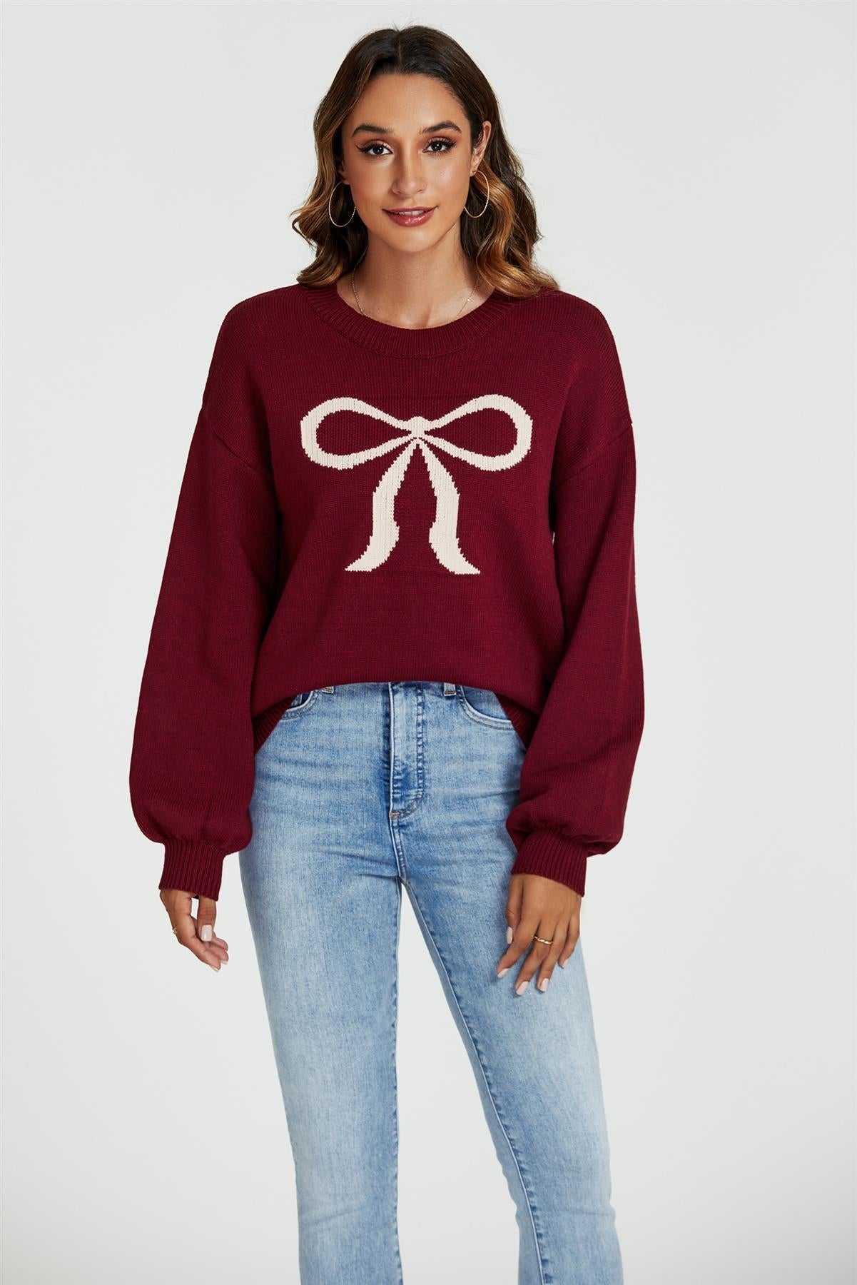 Bow Pattern Jumper Top In Wine