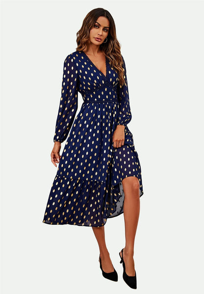 Lace Trim Foil Long Sleeve Maxi Dress In Navy