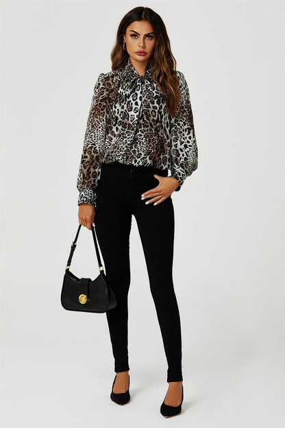 Tie Detail long sleeve Blouse Top In Beige