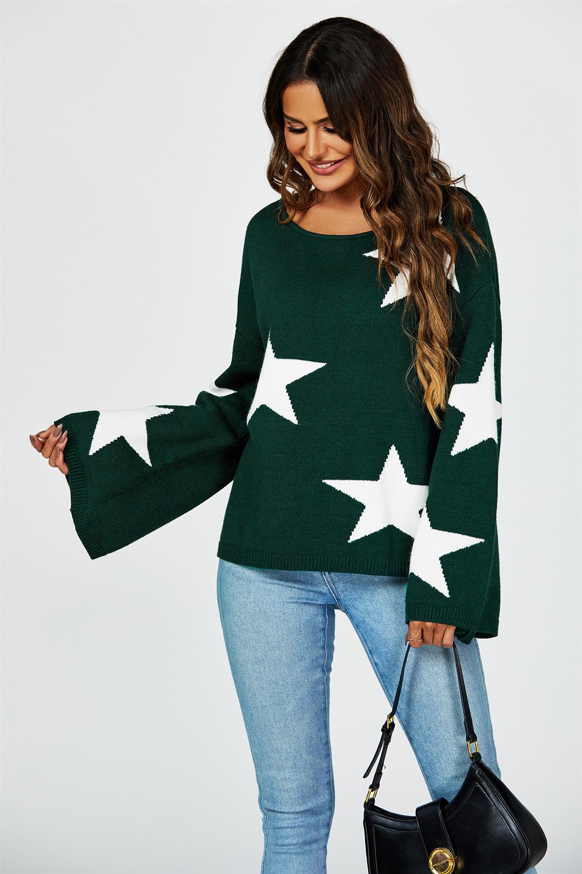 Wide Sleeve Oversize Dark Green Jumper With White Star