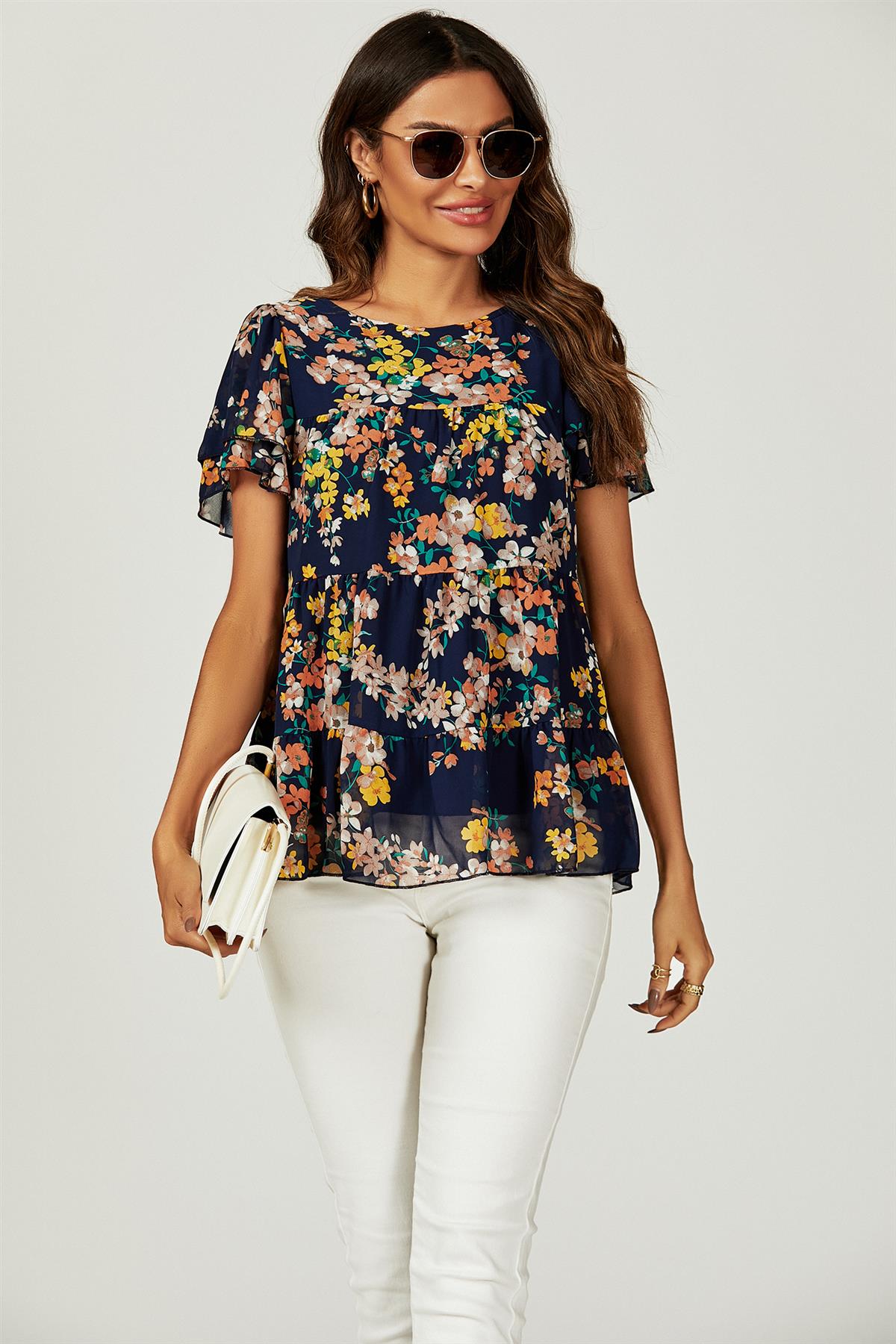 Bluse mit Blumensaum, Smok & Engelärmeln in Navy
