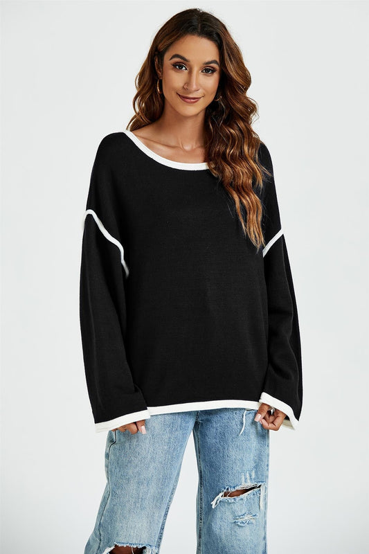 White Striped Oversized Jumper Top In Black