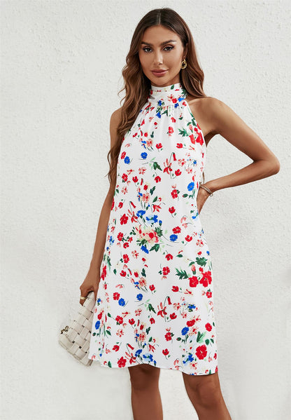 Floral Print Halter Neck Tie Back Mini Dress In White
